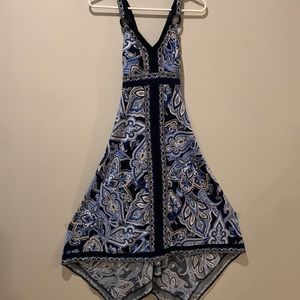 Inc petite small handkerchief hem blue paisley dress. Cross back.